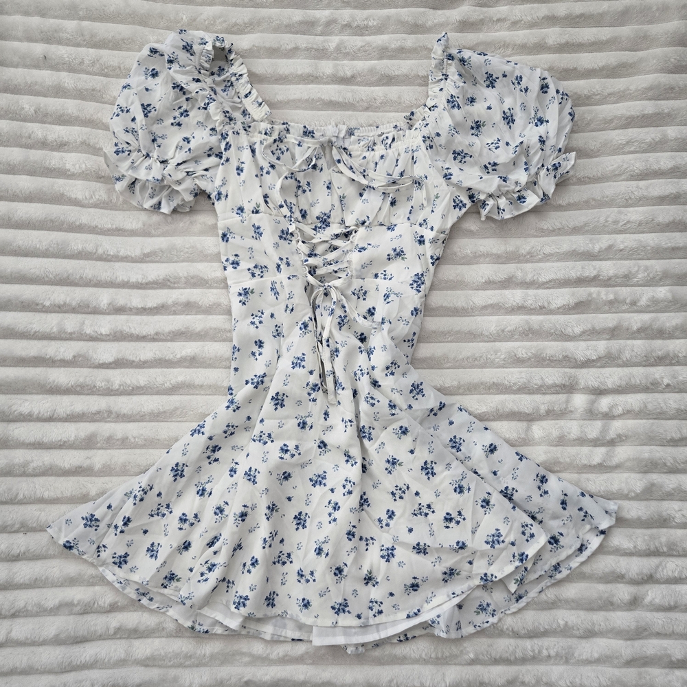 Corset Front Off-Shoulder Mini Dress | Blue & White Floral | Cottagecore Vibes